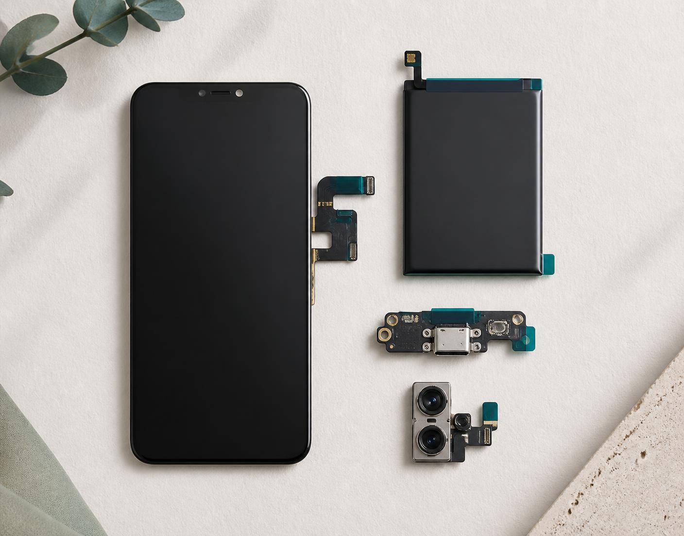 Tela OLED, bateria, conector de carga e câmera de smartphone dispostos sobre superfície clara