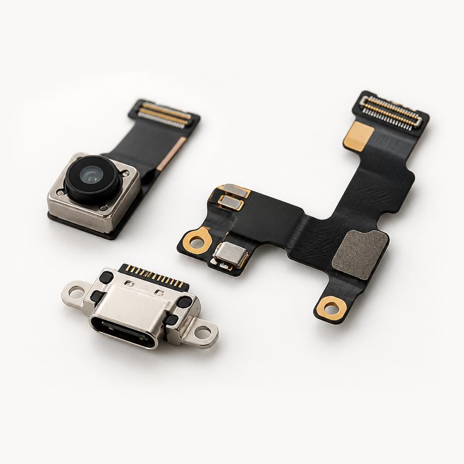 Conector de carga, módulo de câmera e cabos flex